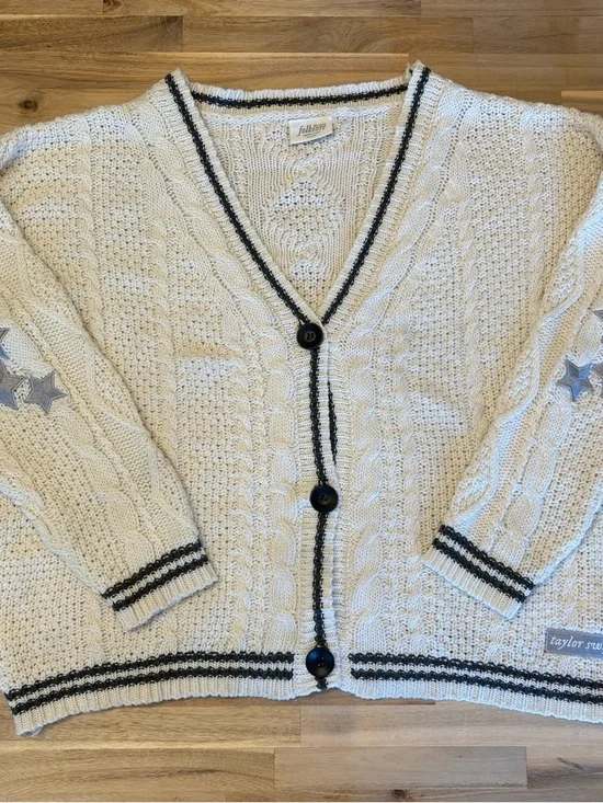 Taylor Swift Folklore Cream Cable Knit Cardigan with Black Trim and Star Elbows - Picture 5 of 16